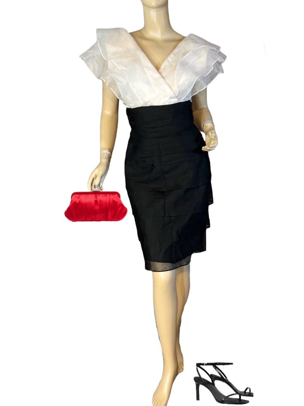 VINTAGE LILLIE RUBIN CREAM & BLACK ORGANZA RUFFLE COLOR-BLOCK SILK DRESS (S)